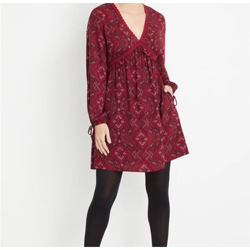 Maurices Red Paisley Boho V-Neck Dress Medium indie